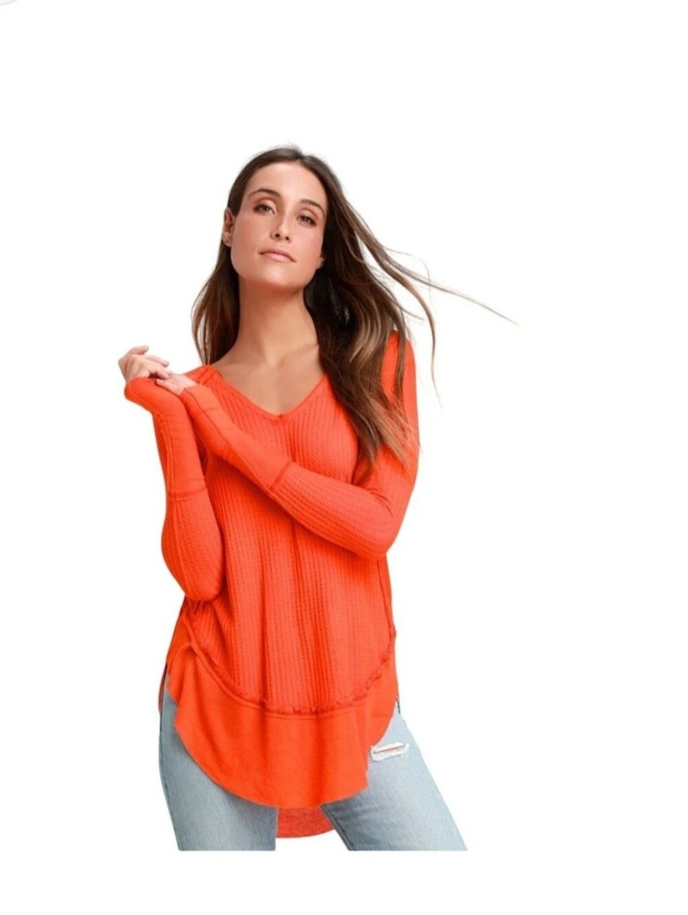 We The Free Bright Orange Ribbed V-Neck Long Sleeve Tee Sz S